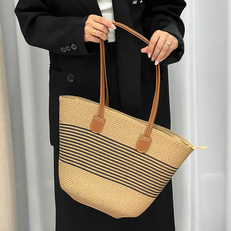 Summer Striped One-Shoulder Commuter Straw Woven Bag New Large Capacity Casual Fashion Women's Seaside Beach Tote Bag - Deanwangkt