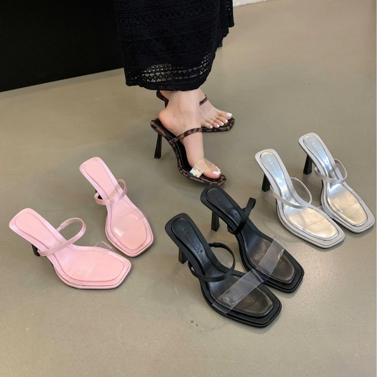 DEANWANGK  Sexy Leopard Print One-Word Transparent Sandals Women's Summer Outer Wear  New All-Matching Open Toe Stiletto Heels - Deanwangkt