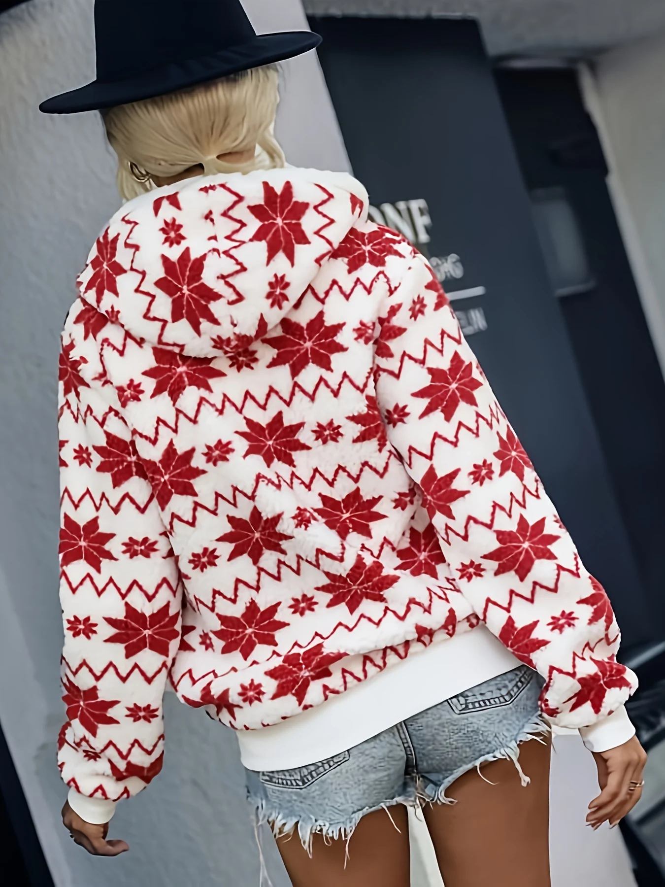 Women's Christmas Print Knit Hoodie, Cozy Polyester Fleece Pullover with Zipper, Holiday Vacation Style, All-Season Fashion Sweater Top - Deanwangkt