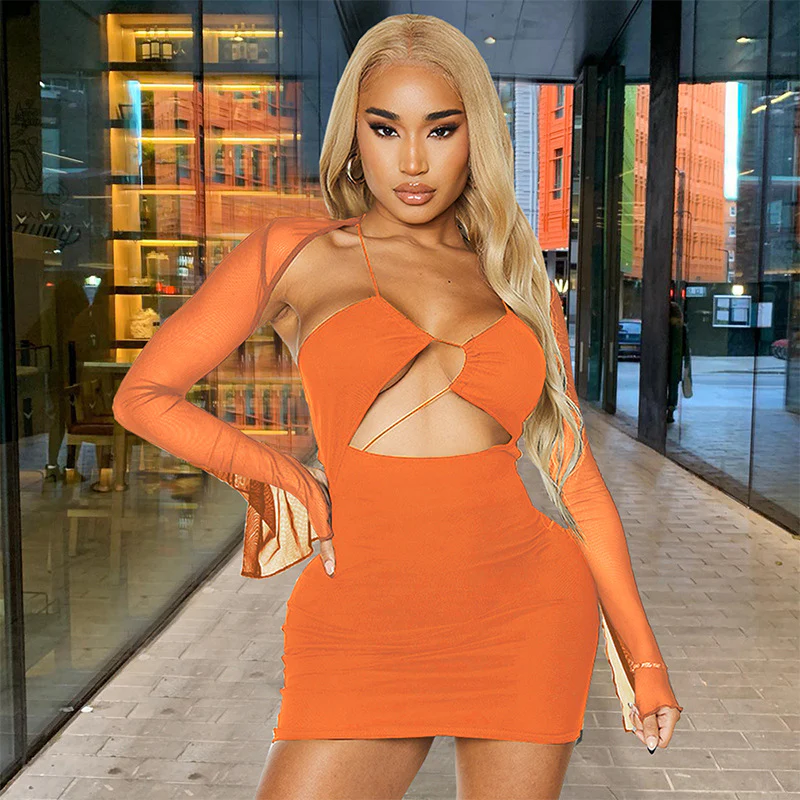 2025 D23DS238  women's clothing autumn new solid color casual mesh stitching long sleeve backless drawstring short dress - Deanwangkt