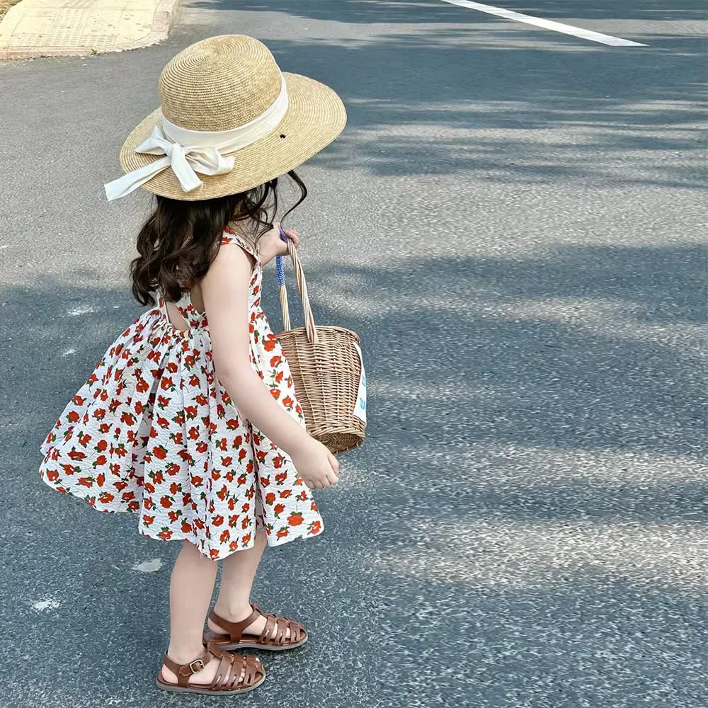 Girl's Strap Skirt Summer New Sweet Floral Cross Tank Top Beach Princess Dress Children One Piece Dropshipping - Deanwangkt