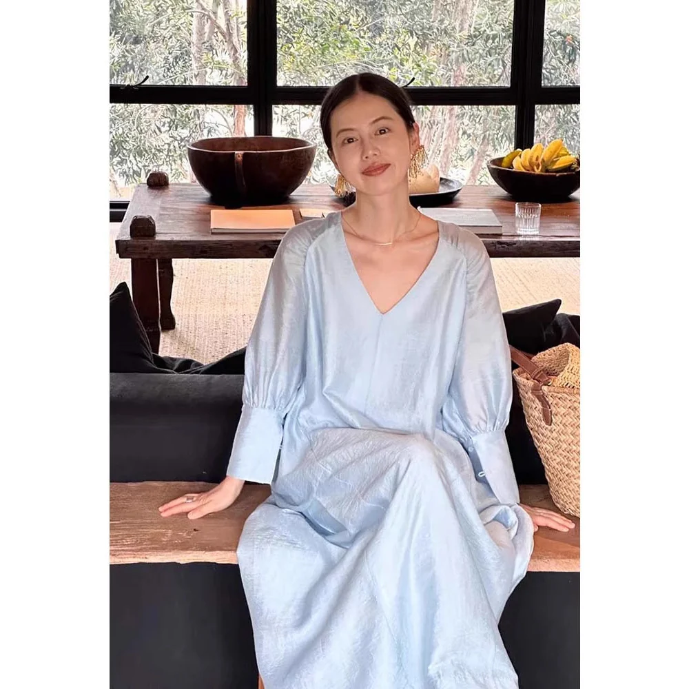 Siyuan, high-end  lazy casual robe, fashionable V-neck seven-quarter-sleeved Tencel jacquard dress 7758 - Deanwangkt