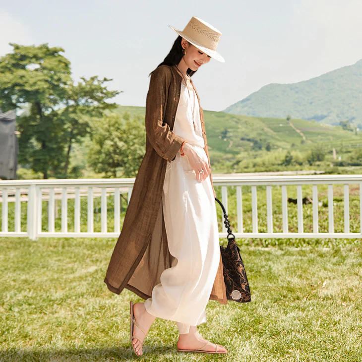 Tencel ramie shirt skirt, art tea coffee color long skirt, long shirt jacket long shirt B0731 - Deanwangkt