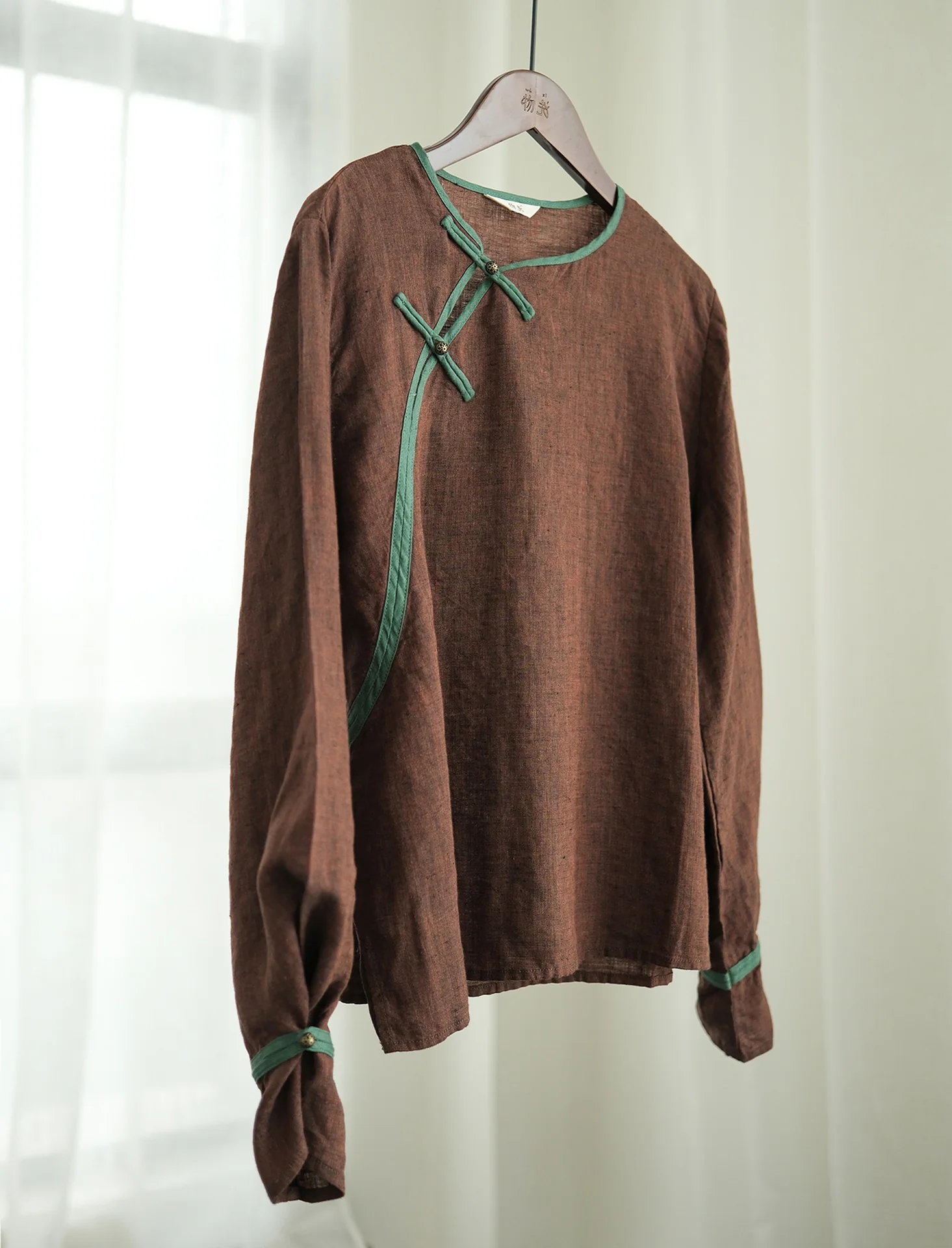 design Oriental aesthetic yarn-dyed linen contrasting top, light Chinese diagonal flared sleeve shirt S23036 - Deanwangkt