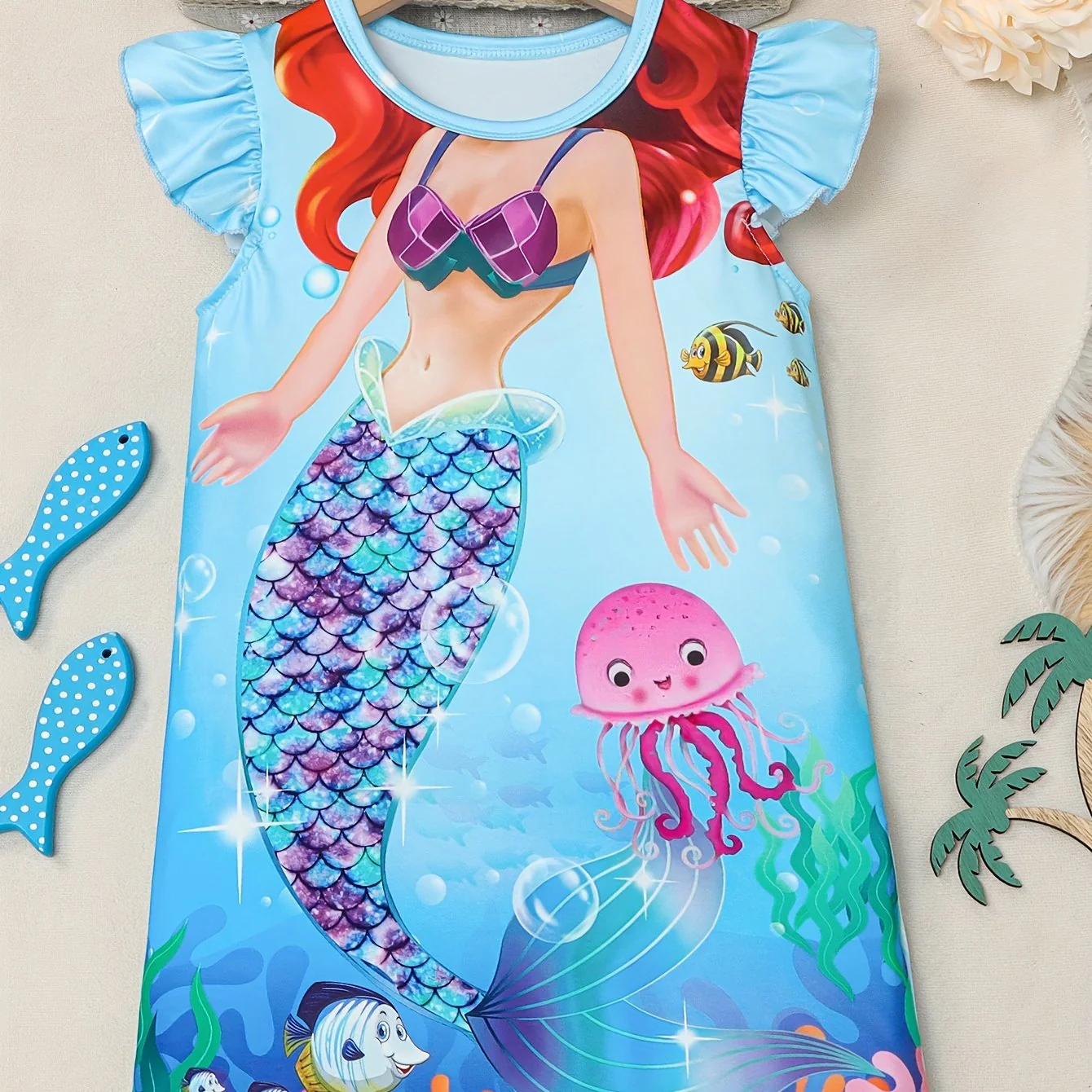 Girls Cartoon Mermaid Graphic Flutter Trim Crew Neck Knitted T-shirt Dress for Summer Party - Soft Slight Stretch Fabric, Machine Washable, Regular Fit, Portrait Pattern, Casual Style - Deanwangkt