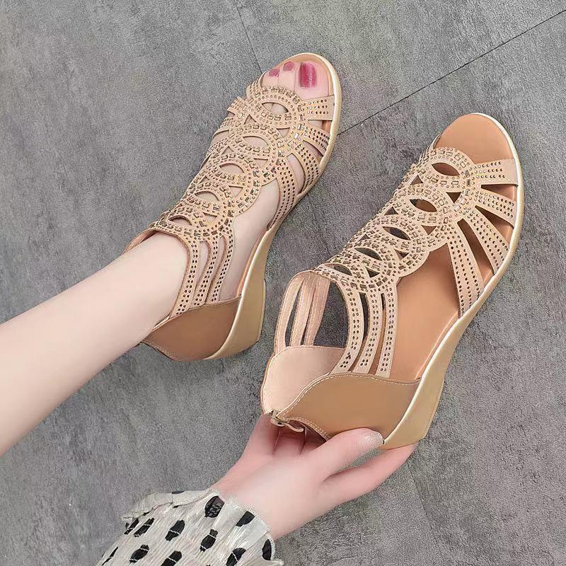 DEANWANGKT  Wholesale Soft Leather Roman Sandals Women's Summer 2022 New Soft Bottom Mom Shoes Fashion Outerwear Women's Sandals Wedge Women's Sandals - Deanwangkt