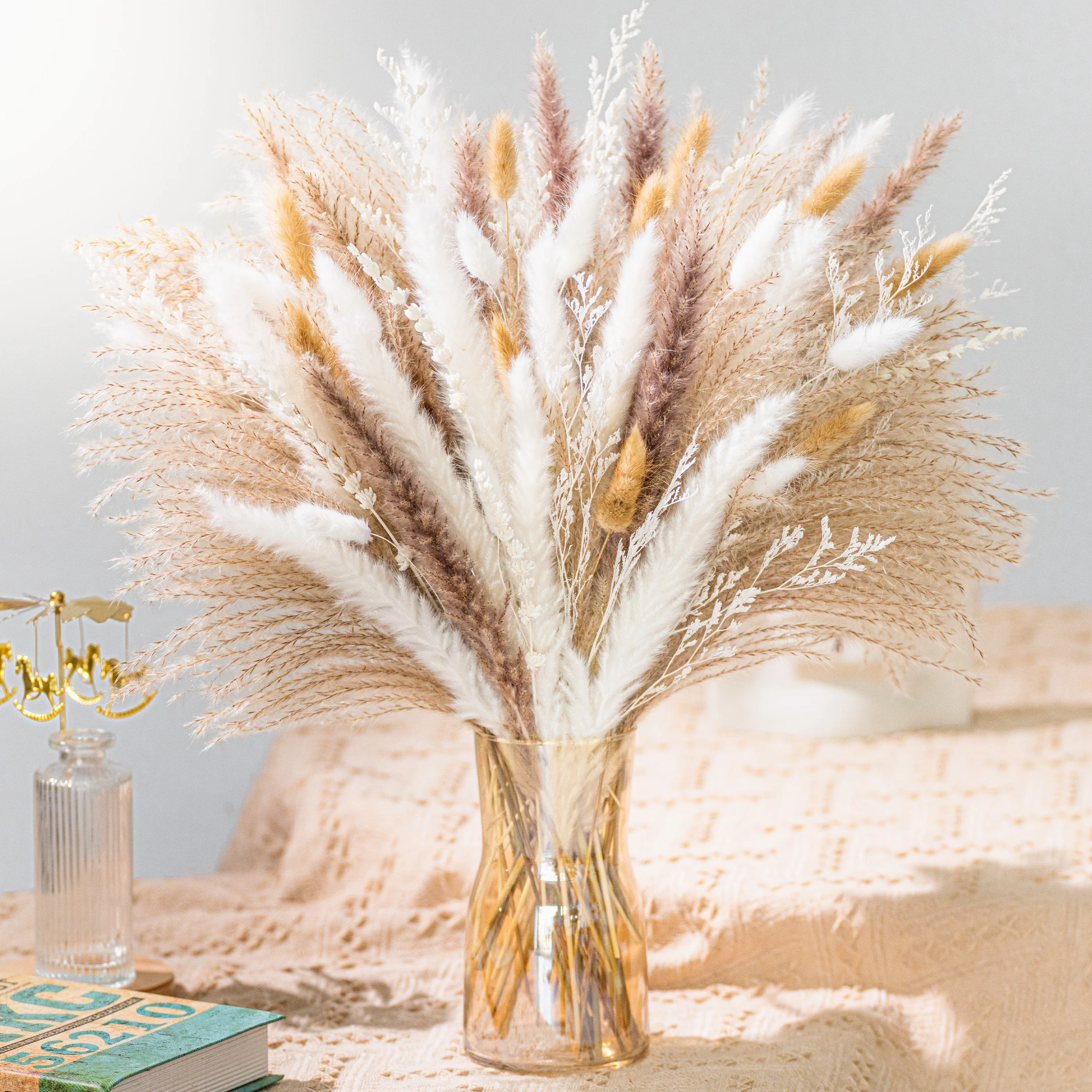 98 PCS Dried Pampas Grass Bouquet, Boho Table Decor, Bunny Tails Dried Flowers, Brown Pompas, White Pampas Grass for Wedding, Home, Rustic Party, Baby Shower Decorations - Deanwangkt