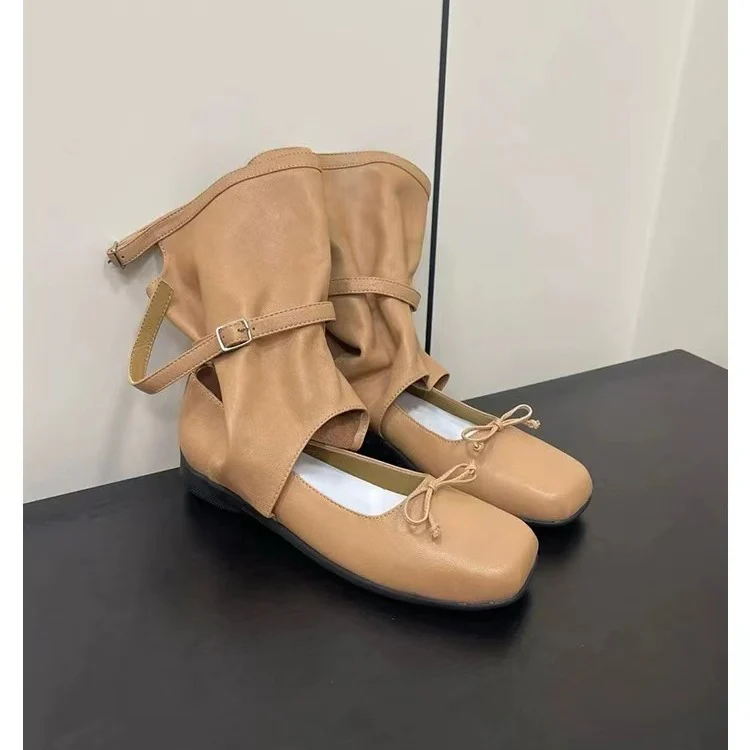 South Korea Niche Ballet Style Sandal Boots Women's  Summer New round Toe Bowknot Short Boots Hollow out Western Pile Style Boots - Deanwangkt