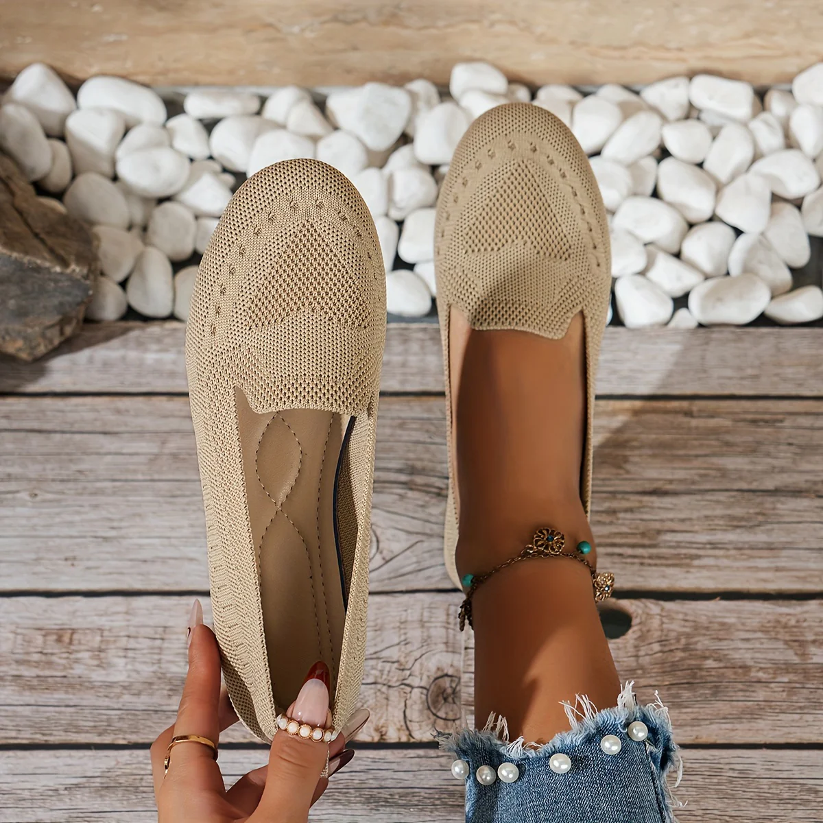 Womens Solid Color Breathable Mesh Flats - Fashion Flying Woven Slip-Ons - Ultra-Lightweight, Pillow Comfort Shoes - Deanwangkt