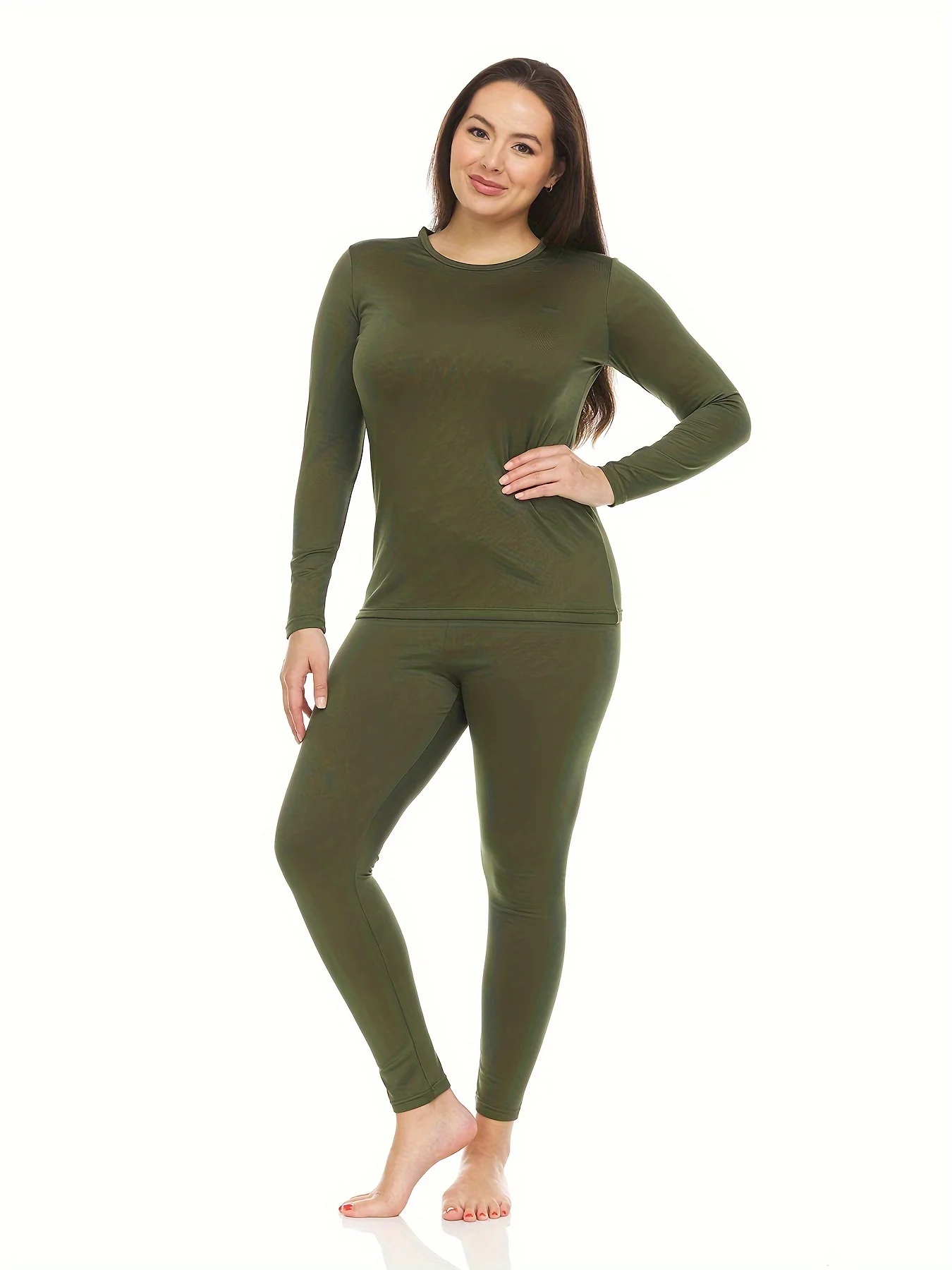 2Pcs Womens Thermal Underwear Set - Solid Color, Round Neck Long Sleeve Top & Stretch Leggings - Premium Base Layer Activewear for Cold Weather Comfort and Freedom of Movement - Deanwangkt