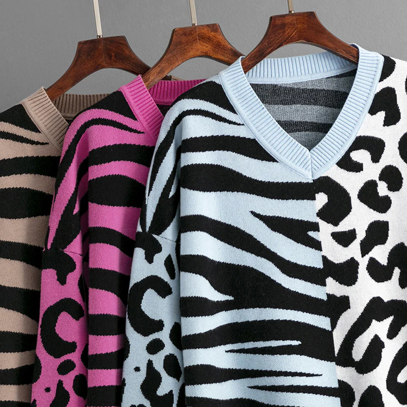 DEANWANGKT  autumn and winter new 2025 2025 trade explosion  sweater leopard print splicing mixed knitted sweater pullover sweater - Deanwangkt