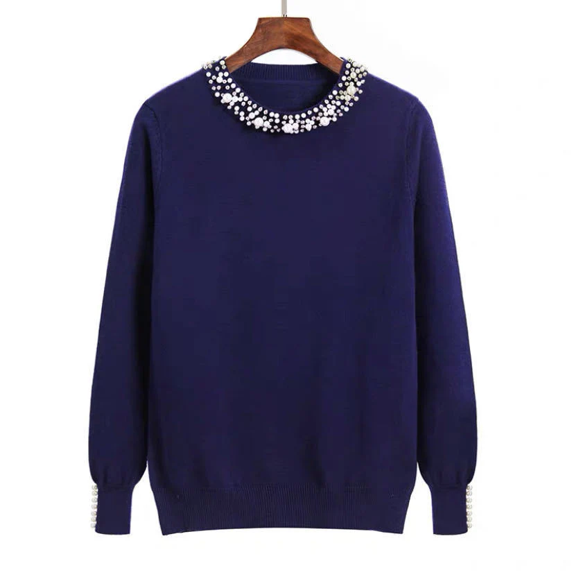 DEANWANGKT Korean version of the new autumn and winter beaded pullover sweater women's round neck long-sleeved knitted sweater loose and thin temperament bottoming shirt women - Deanwangkt