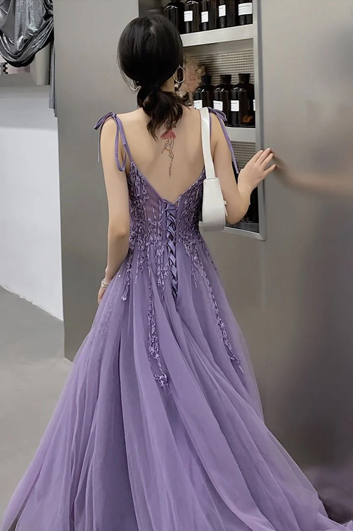 Solvbao Purple Lace V-neckline Tulle Straps Low Back Tulle Party Dresses, Purple A-line Evening Dresses - Deanwangkt