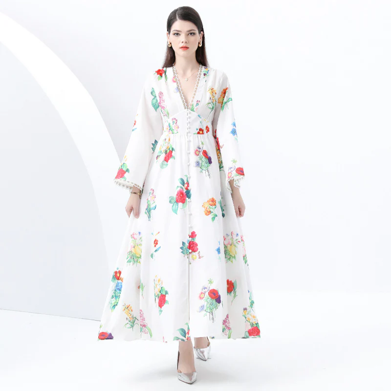 Popular, ,  New women's clothing retro deep V-neck horn sleeve wavy edge printing long dress - Deanwangkt