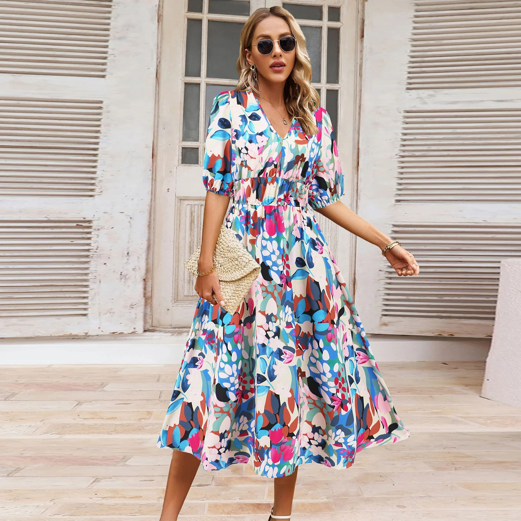 DEANWAQNGKT  European and American Foreign Trade Summer Women's V-neck Bohemian Printing Dress A- line Skirt Cross-Border  Temu Hot Sale - Deanwangkt