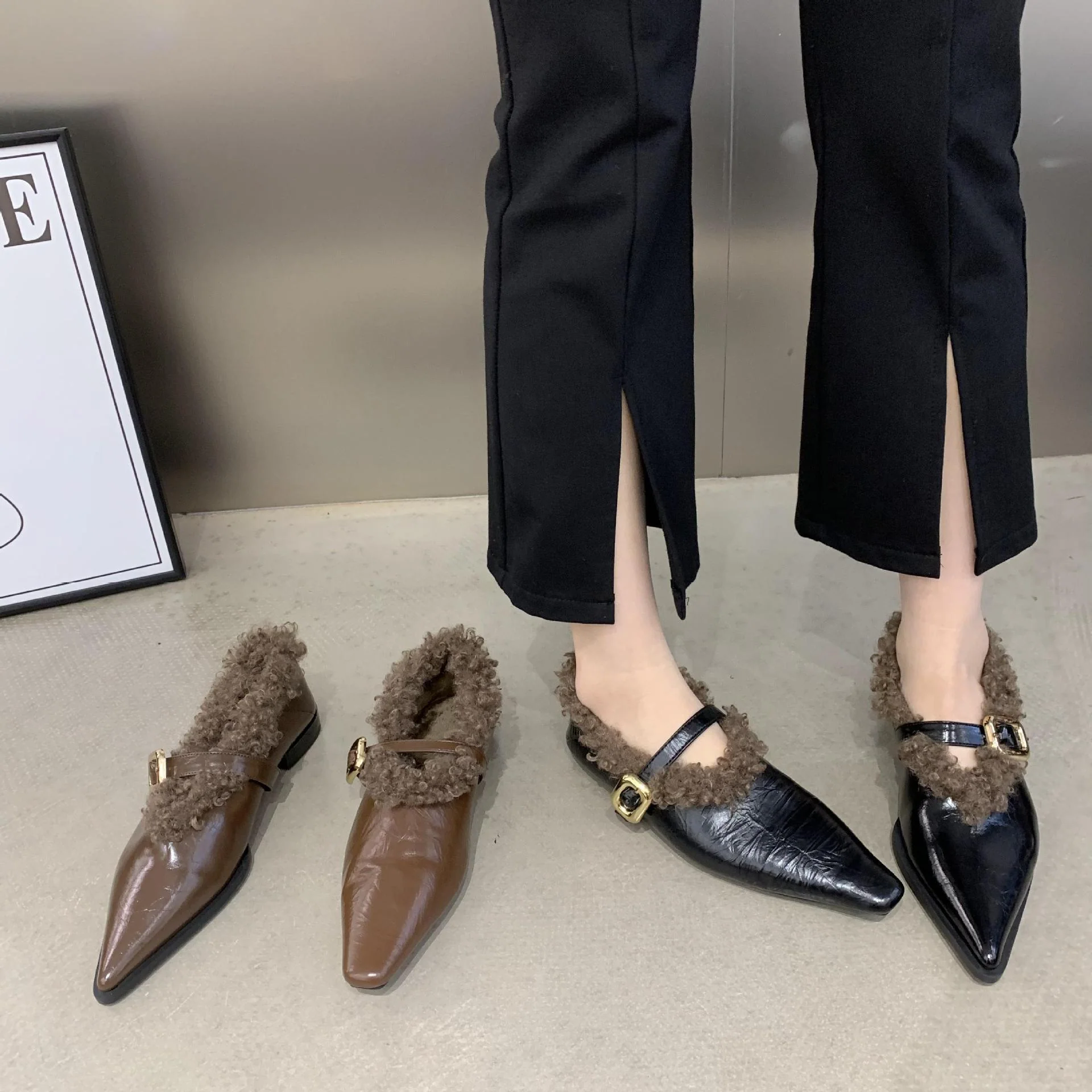2025  Popularan Station Spring and Autumn popular New Mao Mao Shallow Mouth Pointed Head One Foot Mary Jane Shoes Women's Rhinestone Flat Shoes - Deanwangkt