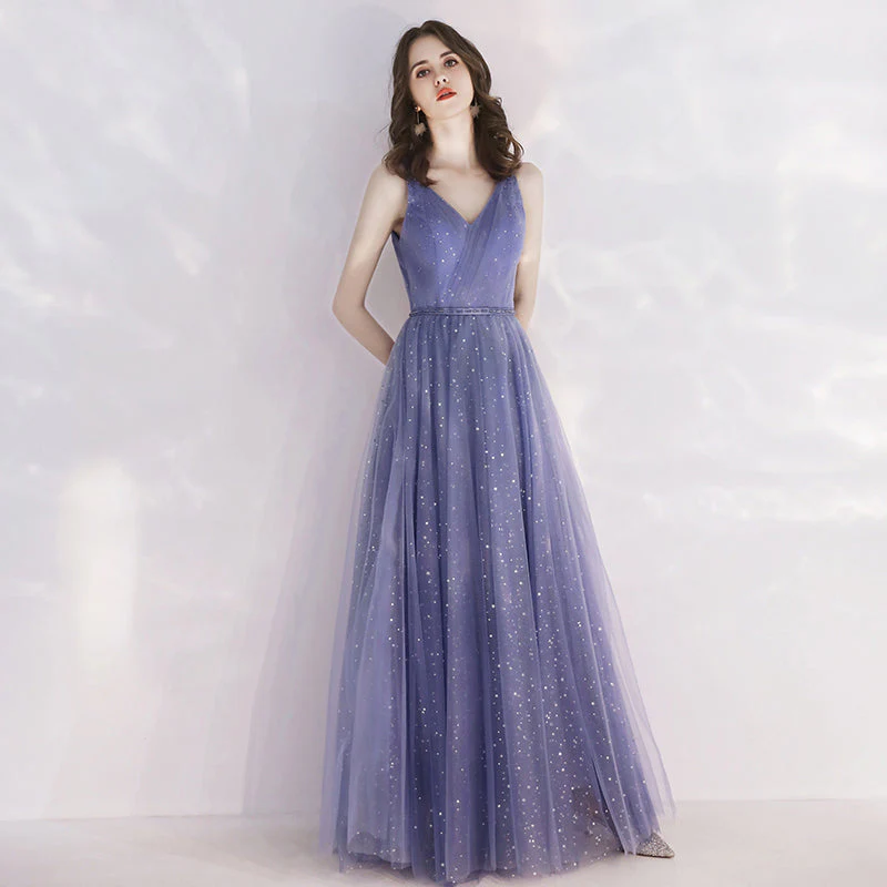 Solvbao Charming Tulle Purple V-neckline Long Formal Dress, Shiny Tulle Low Back Wedding Party Dress - Deanwangkt