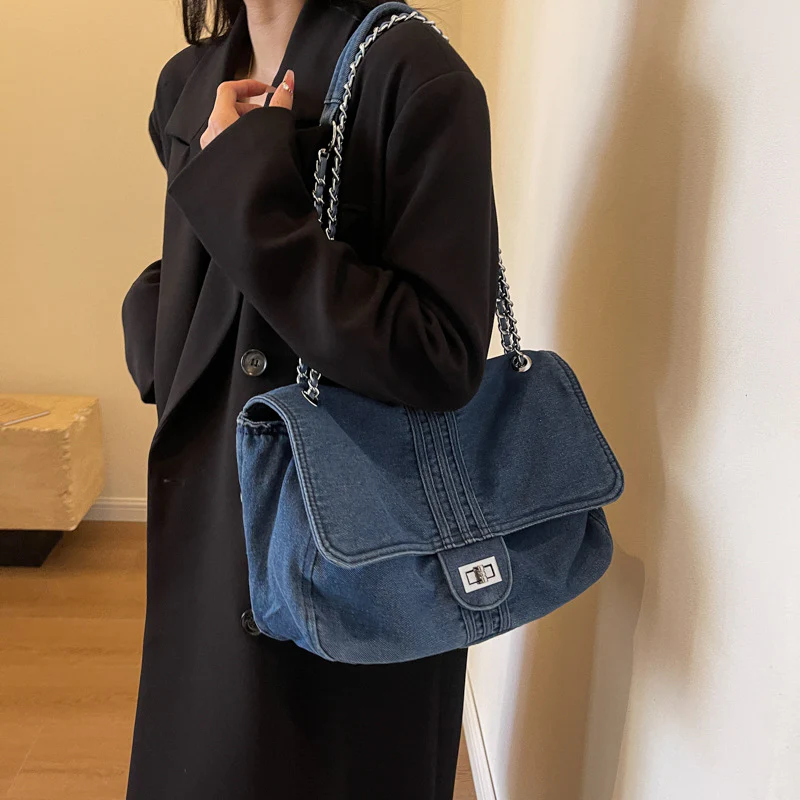 Denim Bag for Women  New Fashion Large Capacity Chain Shoulder Bag High-Grade Sentong Qin Tote Hobo Bag - Deanwangkt