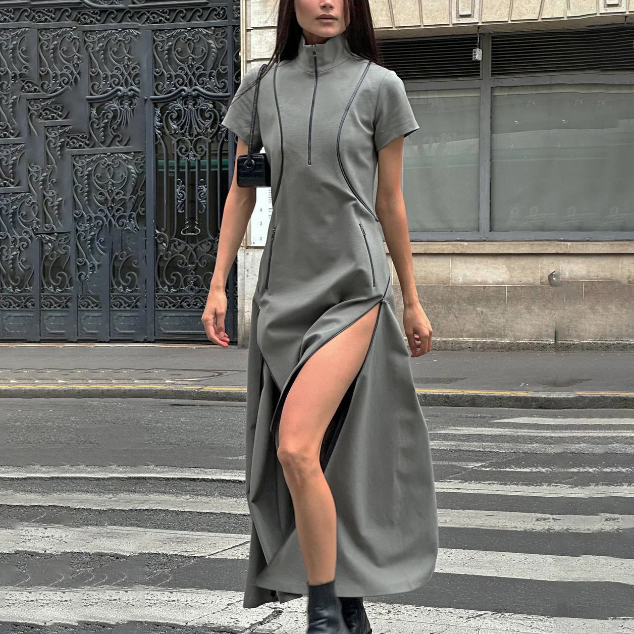 slim-fit niche high-split stand-up collar striped heavy industry zipper open-close dress trendy brand irregular cool Sa style - Deanwangkt