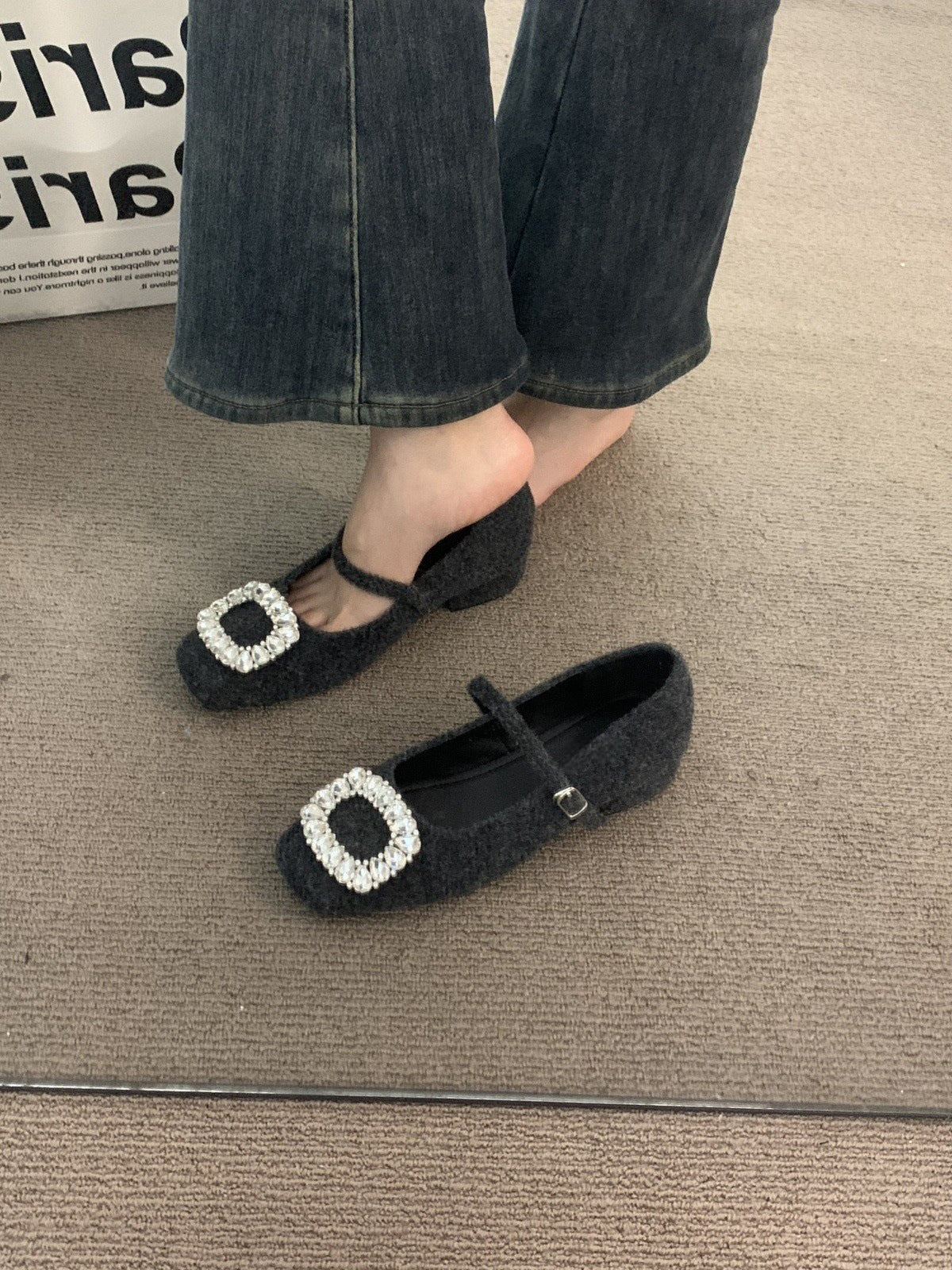 2025  gray thick heel rhinestone single shoes women's shoes 2025 new spring skirt gentle evening grandma shoes - Deanwangkt