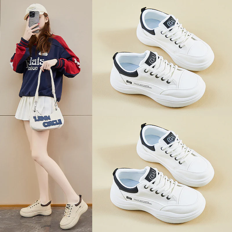 2025 spring new little white shoes female Korean version student running board shoes ins tide height casual shoes street shot Q820 - Deanwangkt