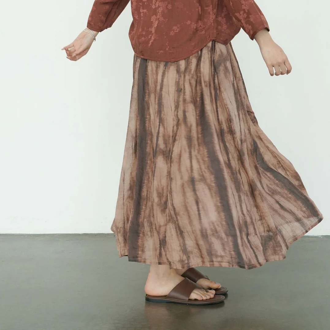 retro and old natural persimmon-dyed printed ramie skirt, double-layer pendulum travel dress B24249 - Deanwangkt