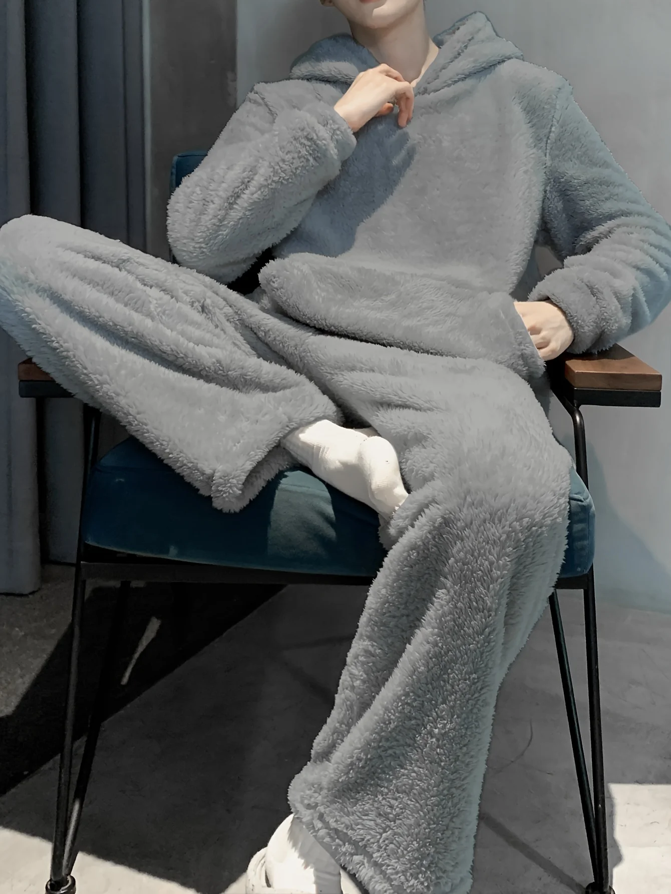 Men's Simple Style Solid Casual Pajamas Sets, Warm Flannel Lounge Wear, Long Sleeve Hoodies Pullover Top & Loose Pants - Deanwangkt