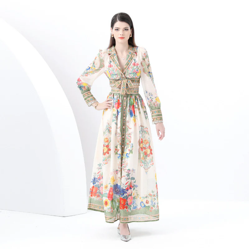 suit women's  bow lace-up waist short lapel long-sleeved top single-breasted printed skirt - Deanwangkt