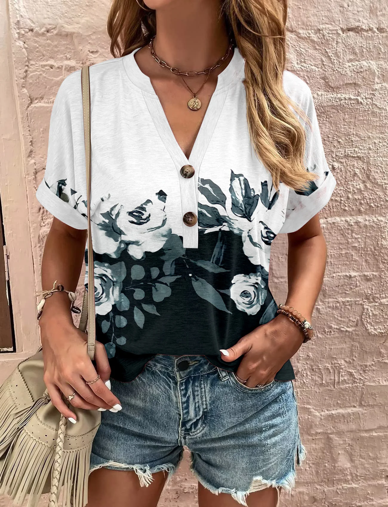 DEANWAQNGKT  Spring and Summer New Cross-Border Foreign Trade Women's Clothing  Wish European and American Top Printing Button Fashion Short Sleeve Women - Deanwangkt