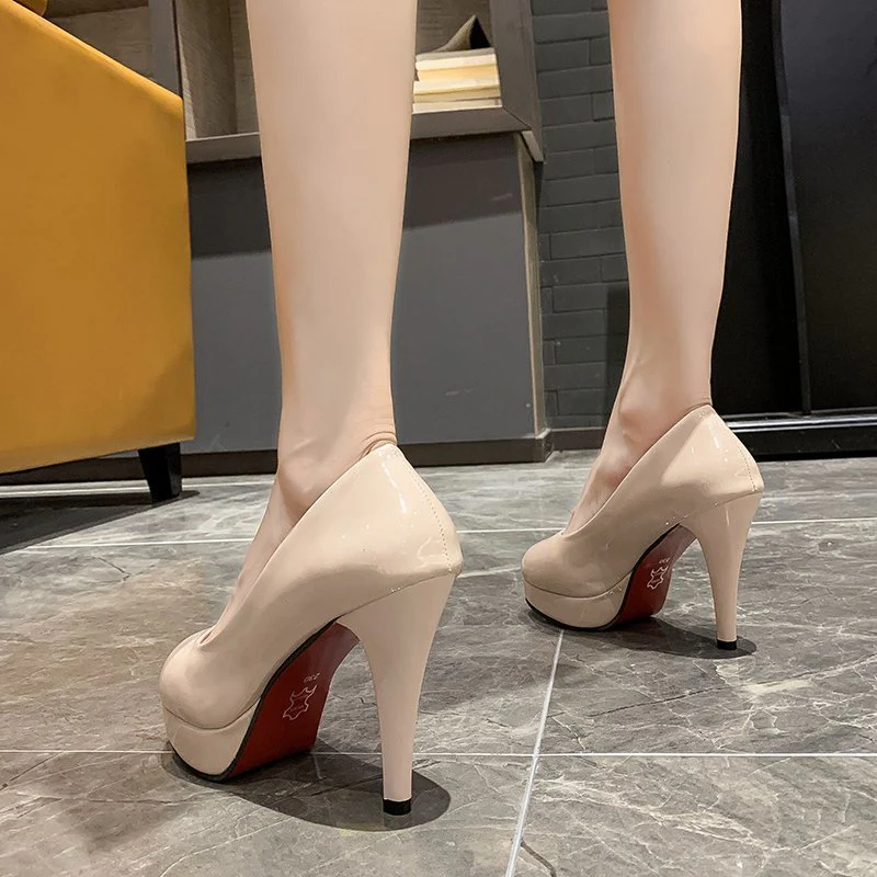DEANWANGK  Foreign Trade New High Heel Fashion Women's Shoes Waterproof Platform Stiletto Pumps Patent Leather round Toe Large Size Women's Work Shoes Wholesale - Deanwangkt