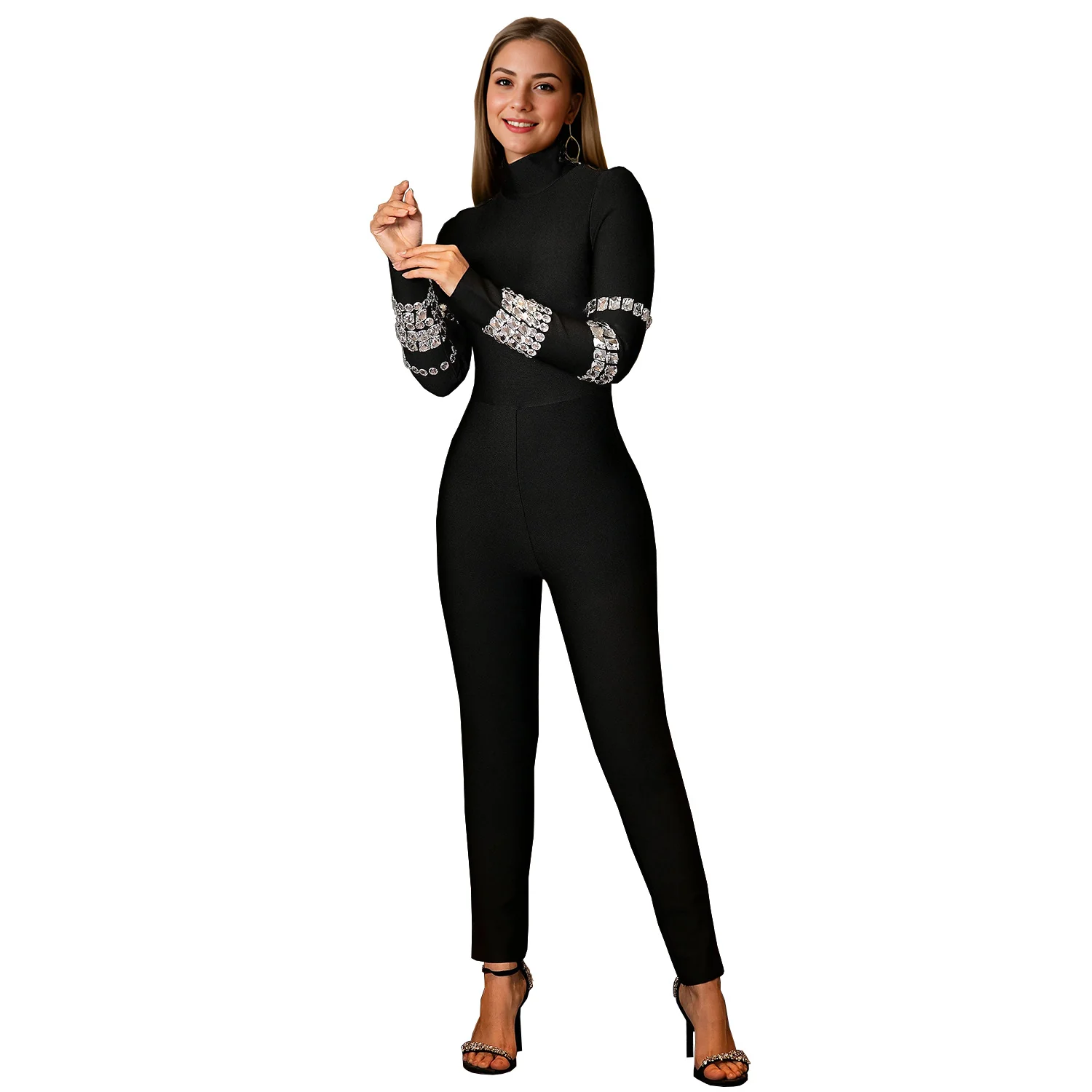 2025 C7173     fashion women's clothing long-sleeved jumpsuit turtleneck atmospheric hot diamond jumpsuit - Deanwangkt