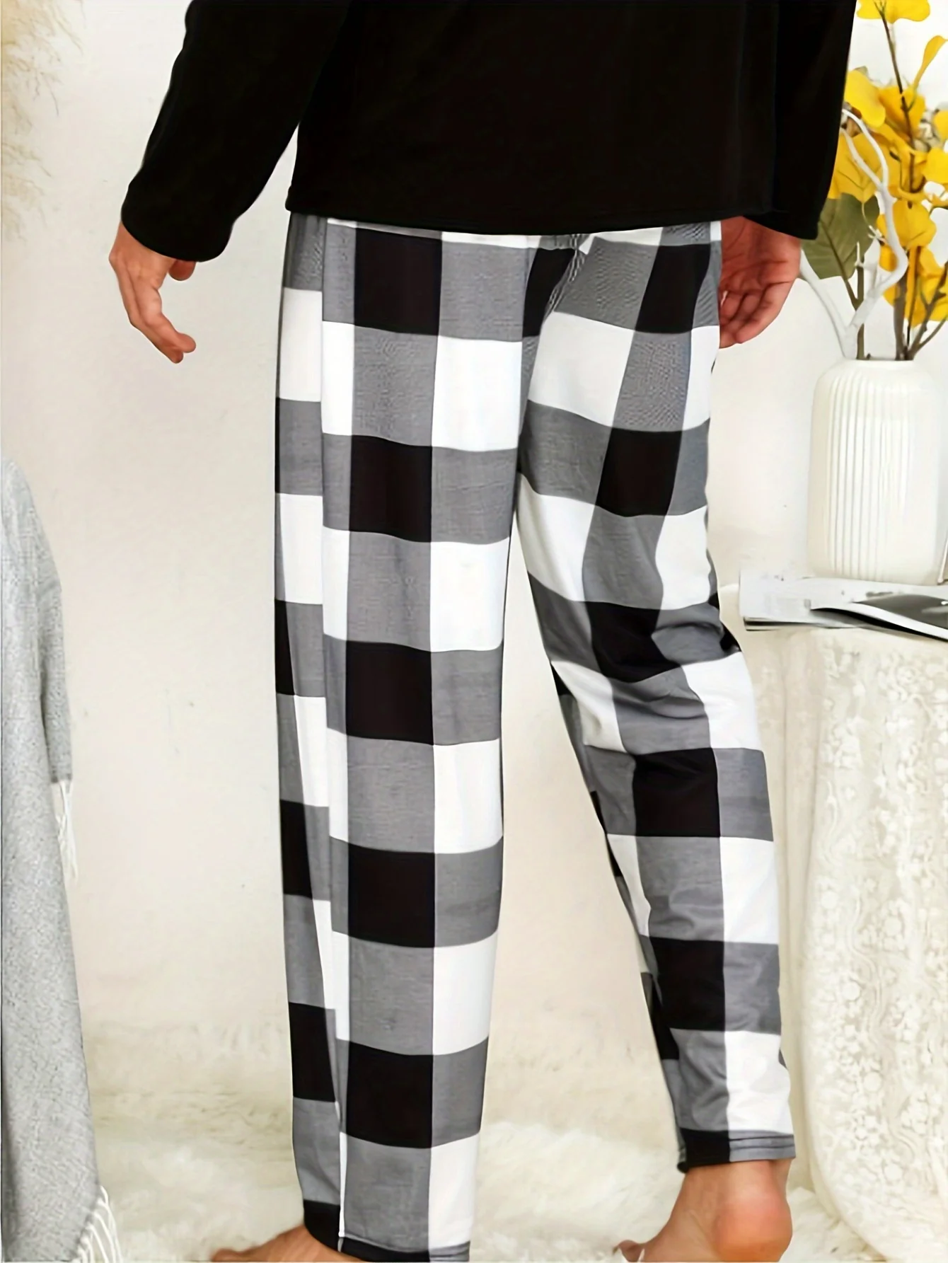 Men's Simple Style Plaid Pattern Casual Comfy Pants, Trendy Loose Stretchy Elastic Waist Home Pajamas Bottom, Suitable For Sleeping Home - Deanwangkt