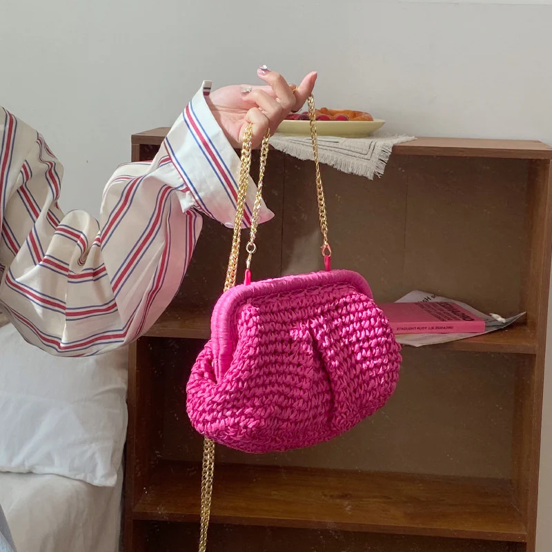 Straw Woven Fashion Chain Woven Hollowed Shoulder Bag  Spring and Summer New Niche Women Bag Casual Clipped Button Messenger Bag - Deanwangkt