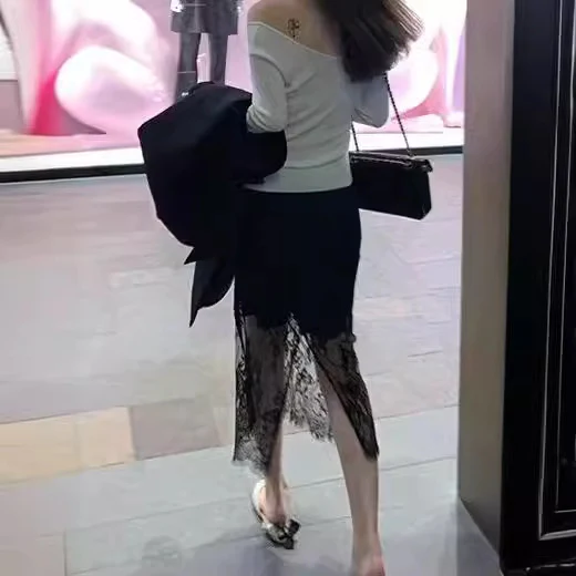 2025 popular summer splicing design lace skirt women's summer thin new high waist hip wrap long gauze skirt - Deanwangkt