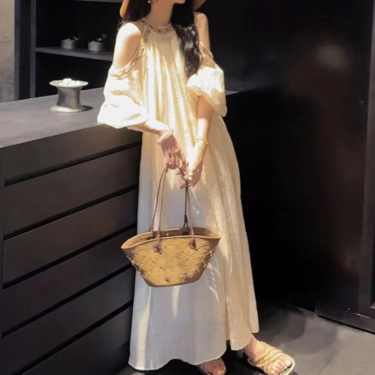 2025 Spot popular new national style design sense off-the-shoulder lace dress children's summer long dress temperament looks thin and trendy - Deanwangkt
