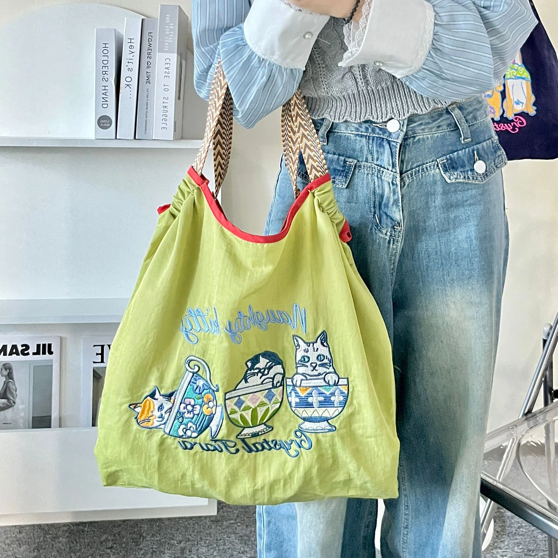 Japanese Cat Shiba Inu Embroidered Environmental Protection Cloth Bag Female Large Capacity New Nylon Handbag Student All-Match Shoulder Bag - Deanwangkt