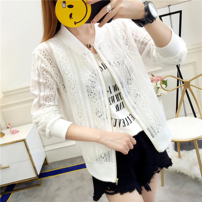 DEANWANGKT  New  Summer Long-Sleeve Lace Shirt Beach Sun Protection Clothing Women's Hollow-out Short Slim-Fit Zipper Baseball Uniform Jacket - Deanwangkt