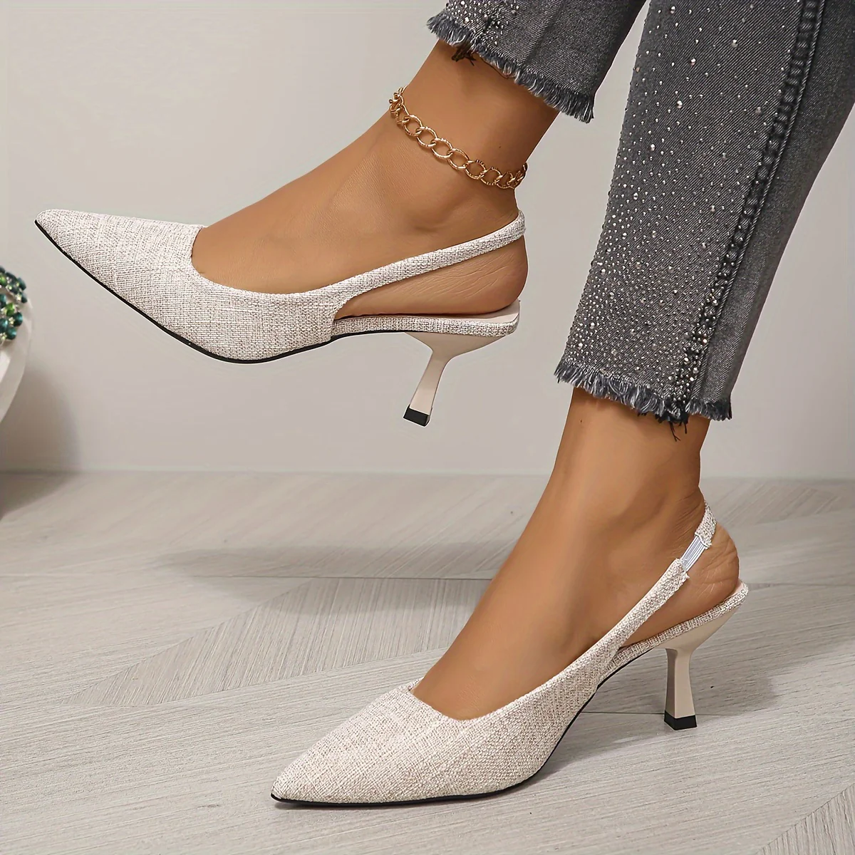 deanwangkt  Chic Slingback Kitten Heels for Women - Pointed Toe & Elastic Band, Fashion Versatile Slip-On Sandals for Casual or Work Environments - Deanwangkt