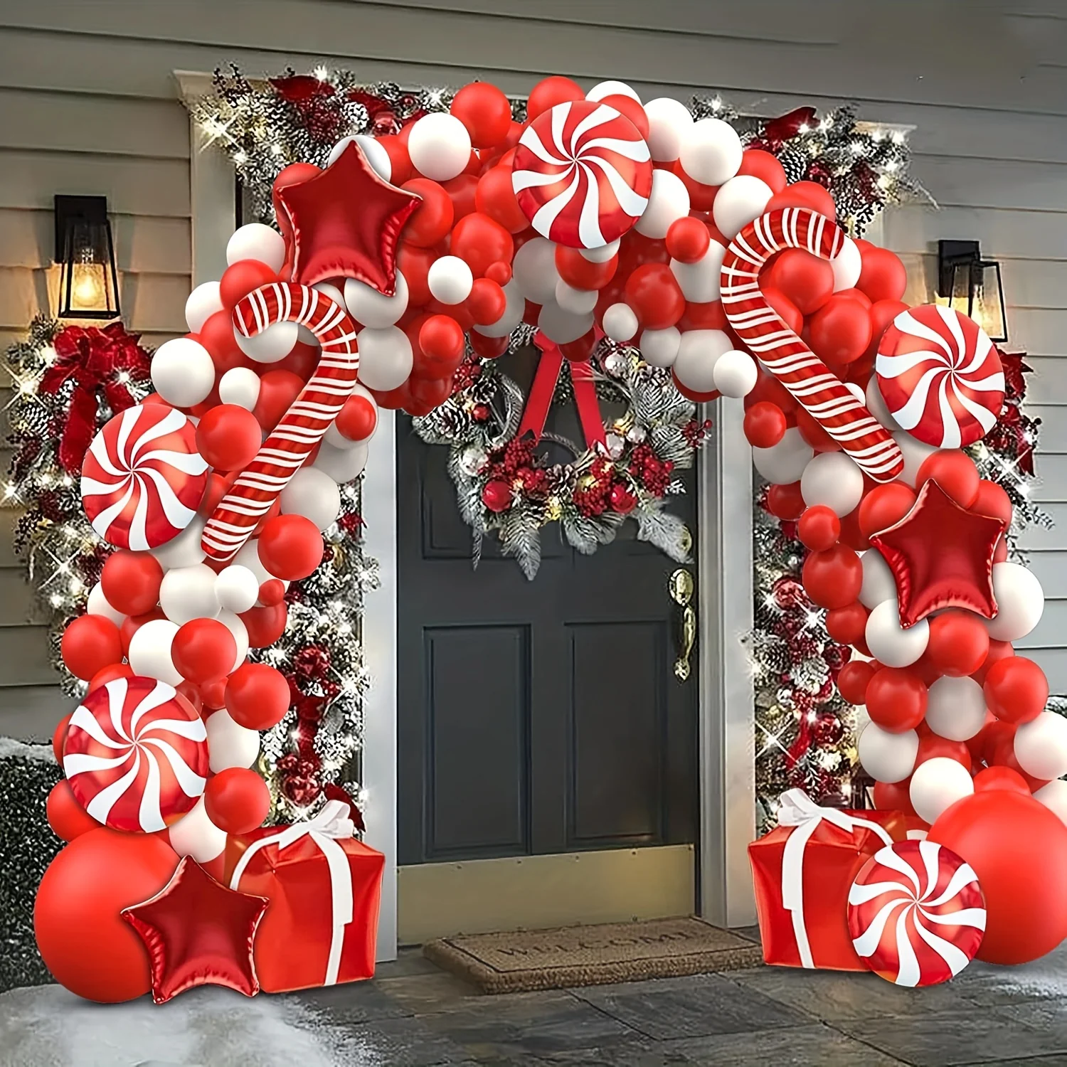 147pcs Ultimate Christmas Balloon Garland Arch Kit with Red & White Balloons, Candy Cane, Gift Box, Red Star Foil Balloons for Indoor & Outdoor Party Decorations - Deanwangkt