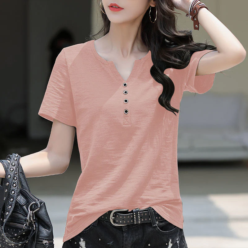 DEANWANGKT  100% Slub Cotton Summer New Pure Cotton Short Sleeve T-shirt Loose-Fitting plus Size V-neck Women's Half Sleeve T-shirt Jacket Undershirt - Deanwangkt