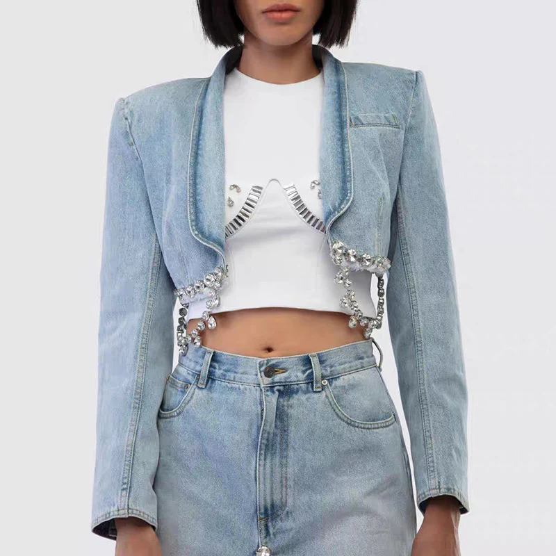 2025 New diamond chain decorative short top jacket + fashion hip skirt two-piece denim suit women - Deanwangkt