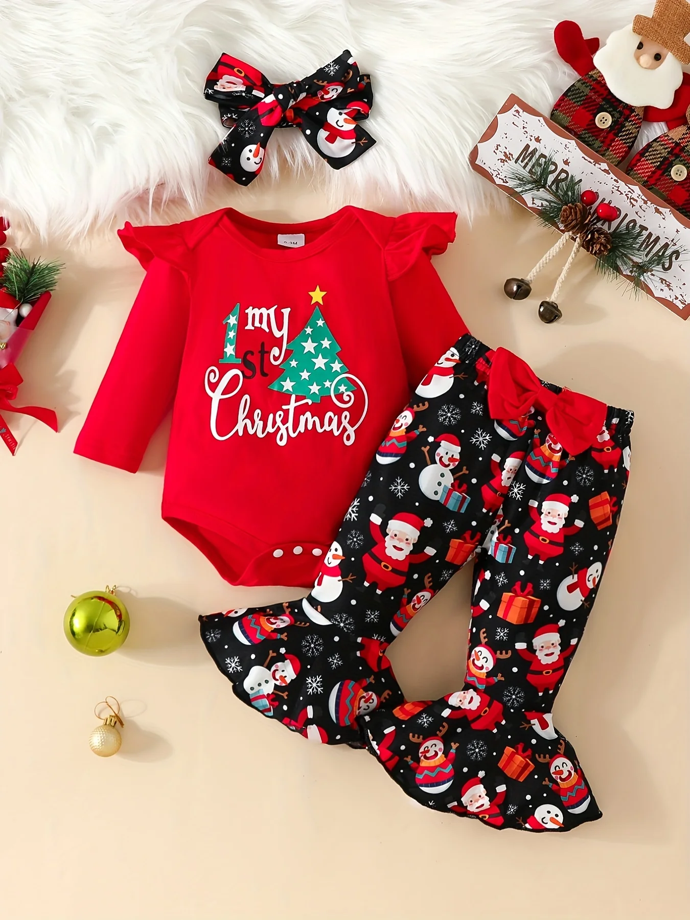 3pcs Christmas Outfits - Flying Sleeve Long-sleeved Romper + Bowknot Trousers Set with Free Headband - Deanwangkt