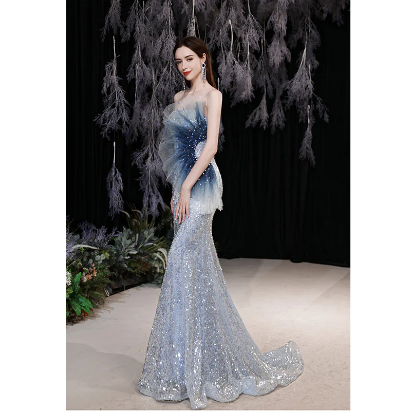 2025 Banquet evening dress women's blue art examination annual meeting performance catwalk host waist fishtail sequined wedding dress - Deanwangkt