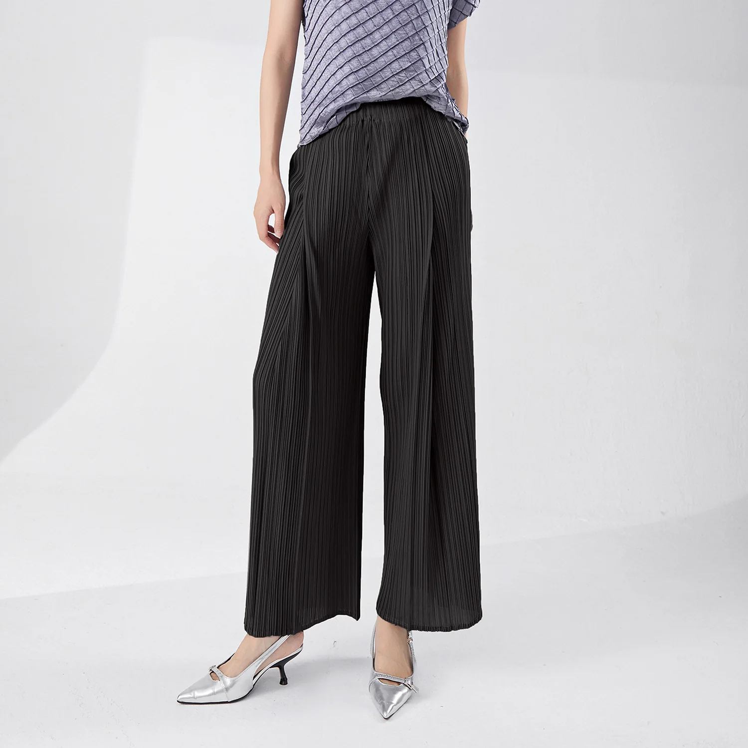 2025 Women's pants summer high-end thin pleated pants children's drape loose long straight wide-leg versatile Miyake casual pants - Deanwangkt