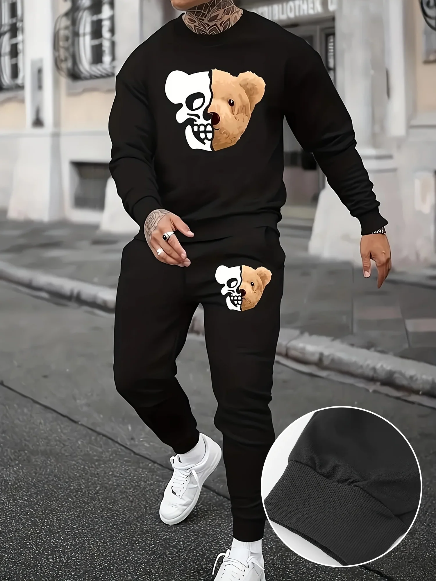 Mens Bear Graphic Comfort Sleepwear Set - Cozy Cotton Blend, Long Sleeve Crew Neck Top & Loose Pants with Pockets, Elastic Waist for Spring Autumn Outdoors - Deanwangkt