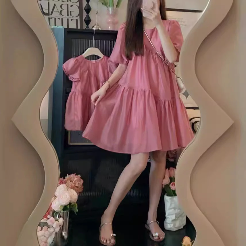 South Korea Children's Summer Clothing Parent-Child Dress Sanya Holiday Big Swing Princess Dress Girl Mother-Daughter Matching Outfit Puff Sleeve Dress Fashion - Deanwangkt