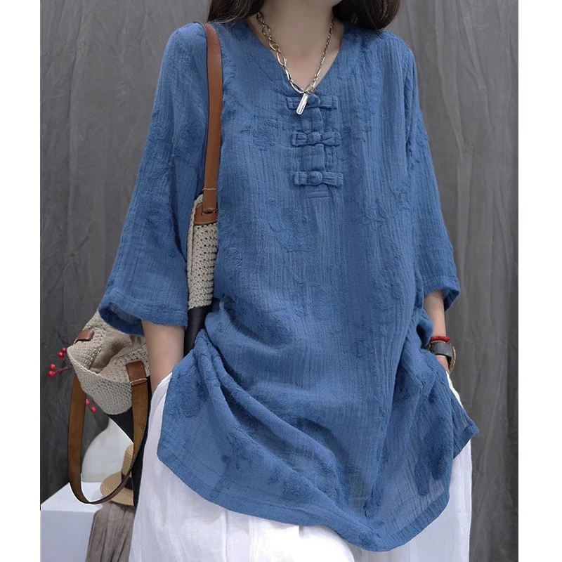 Cotton and linen women's clothing  summer new jacquard loose temperament V-neck buckle Popular style versatile medium-sleeved shirt women - Deanwangkt