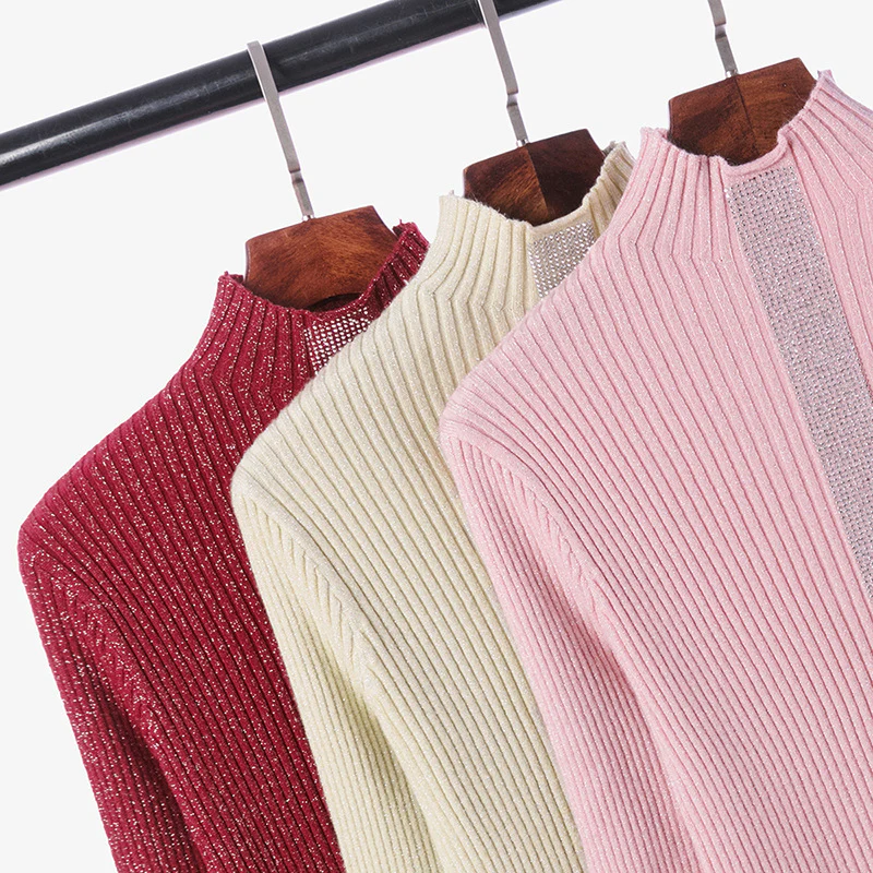 DEANWANGKT Semi-turtleneck thick knitted sweater women's long-sleeved autumn and winter new hot diamond pullover slim-fitting versatile bottoming shirt top - Deanwangkt