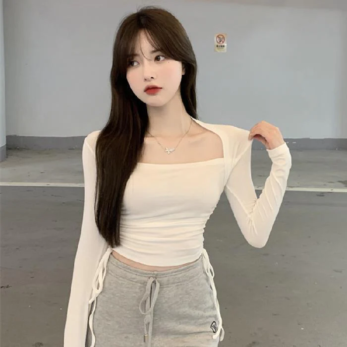 deanwangkt Sexy Square-Neck Bottoming Shirt Women's Design Sense Niche  Autumn Long Sleeves Inner Wear Shirt Slim Fit Drawstring Top Fashion - Deanwangkt