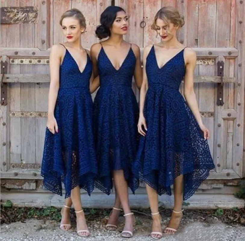 New Bridesmaid Dresses Tea-Length Blush Pink Navy Blue Lace Irregular Hem V Neck Maid of Honor Country Wedding Party Guest Gowns - Deanwangkt